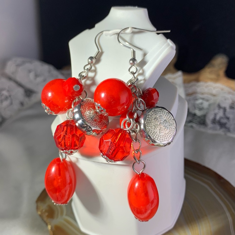 Vibrant Red Beaded Drop Earrings with Silver Details